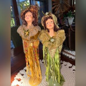 Fairy Victorian style dolls on stands ribbon beadwork artsy set of 2